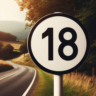 Round road sign with the number 18 against a winding road and lush landscape.