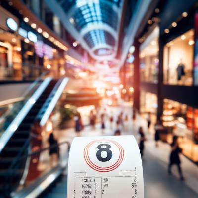 Ticket with number 8 in focus with a bustling shopping mall in the background.