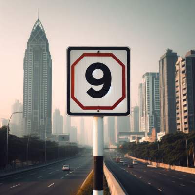 A road sign displaying the number 9 stands on a highway, with skyscrapers in the background under a clear sky, symbolizing direction and guidance on the path of spiritual awakening and twin flame journey.