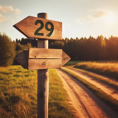 Wooden signpost with number 29 against a serene country road backdrop at sunset, symbolizing guidance and journey.