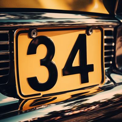Close-up of a golden number 34 on a car license plate.