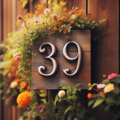 Wooden plaque with the number 39 surrounded by vibrant flowers.