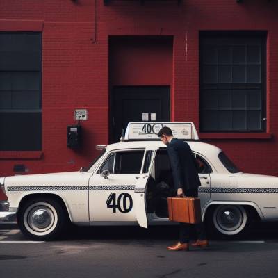 Man with briefcase entering a vintage taxi labeled with the number 40, symbolizing the 40 angel number twin flame journey.