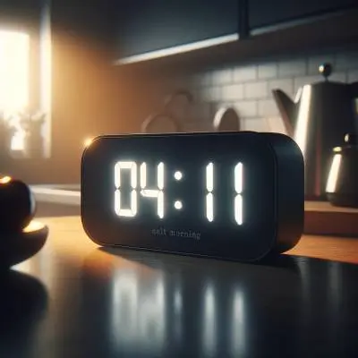 Digital clock displaying 04:11 in luminous white numbers on a kitchen counter, symbolizing the 411 angel number associated with twin flame connections.