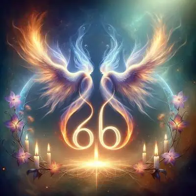 Mystical image of intertwined flames with subtle 66, symbolizing twin flame connection and spiritual balance for 66 angel number twin flame article.