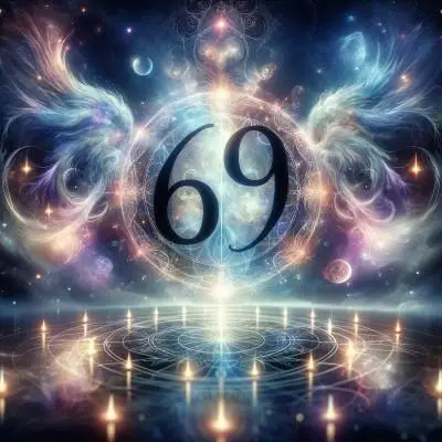Spiritual and cosmic-themed image depicting the 69 angel number and twin flame concept, with symmetrical design and ethereal lights.
