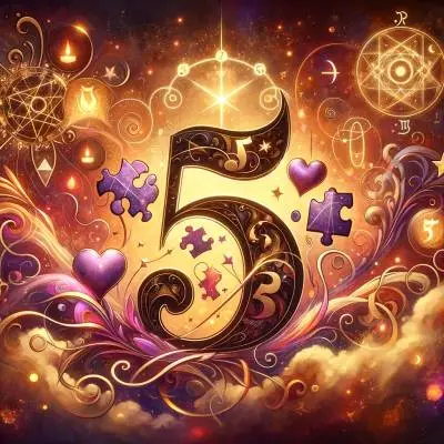 A mystical image featuring the number 5 entwined with symbols of love and compatibility, set against a backdrop of golden and purple hues, conveying harmony and connection.