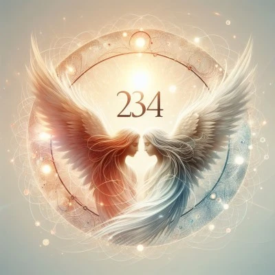 Illustration of angelic figures forming the shape of heart around the number 234 symbolizing twin flame connection.