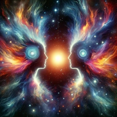Artistic depiction of twin flames with silhouettes and cosmic background symbolizing spiritual connection and awakening.