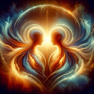 Artistic image depicting twin flame friendship, with abstract figures in a warm, radiant embrace, symbolizing deep spiritual connection.