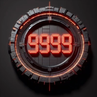 Digital display of angel number 9999 with a futuristic circular interface.