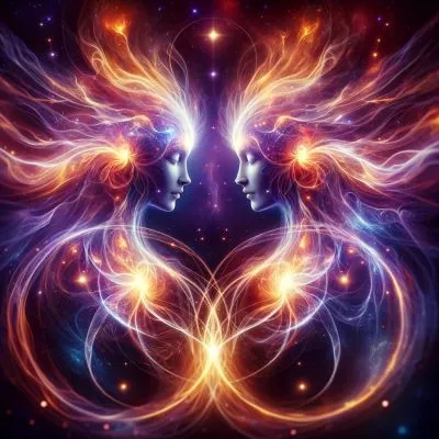 Artistic depiction of twin flames with radiant aura and energy lines, symbolizing spiritual connection and enlightenment.