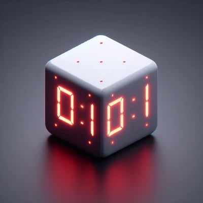 Digital cube clock glowing with 01:01 in red, symbolizing the 0101 angel number twin flame connection in numerology.