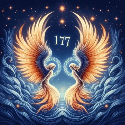 Illustration of 117 angel number with golden twin flames wings and celestial stars.
