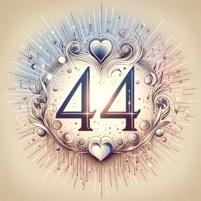 Number 44 surrounded by hearts and light beams symbolizing love and guidance.