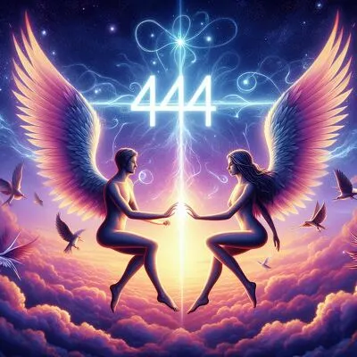 Angelic figures holding hands with the number 444 glowing between them, symbolizing twin flame connection.