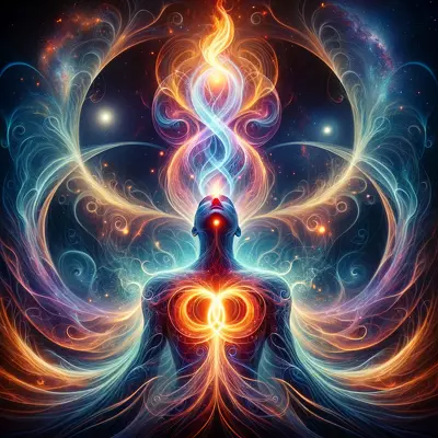 Illustration of spiritual awakening showing a silhouette with a glowing heart and a rising double-helix flame, embodying the union of kundalini energy and twin flames.