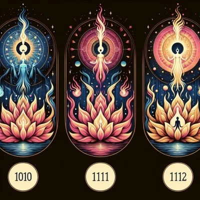 Spiritual number sequences 1010, 1111, and 1212 with meditative figures and lotus flowers symbolizing twin flame journey.