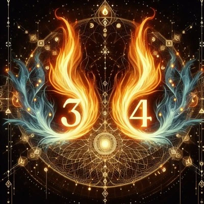 Illustration of numbers 3 and 4 engulfed in stylized flames, embodying twin flame numerology and spiritual awakening.