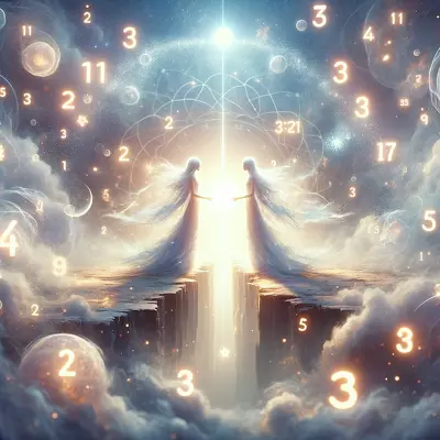 Ethereal figures reconnect amidst glowing twin flame reunion numbers, symbolizing spiritual guidance and connection.